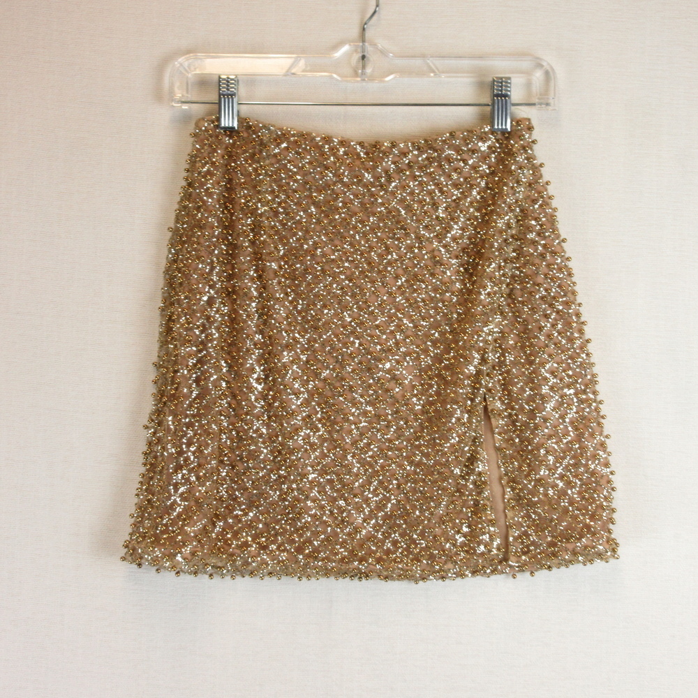Oh Polly Drop Hints Gold Beaded Mini Skirt Size 2